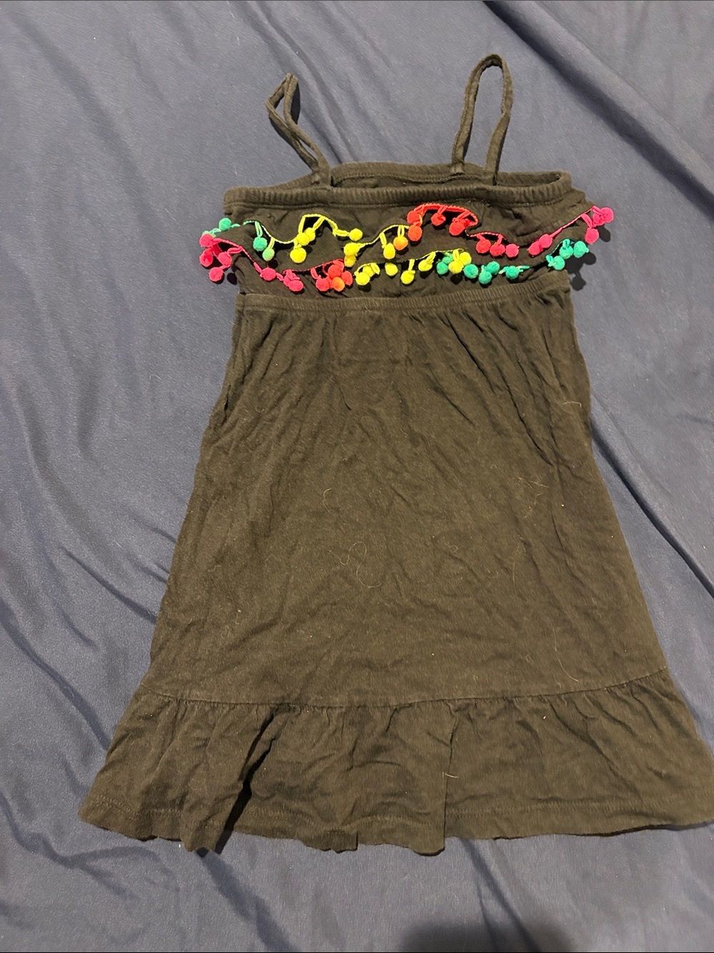 Black Spaghetti Strap Dress with Multicolor Pom Trim